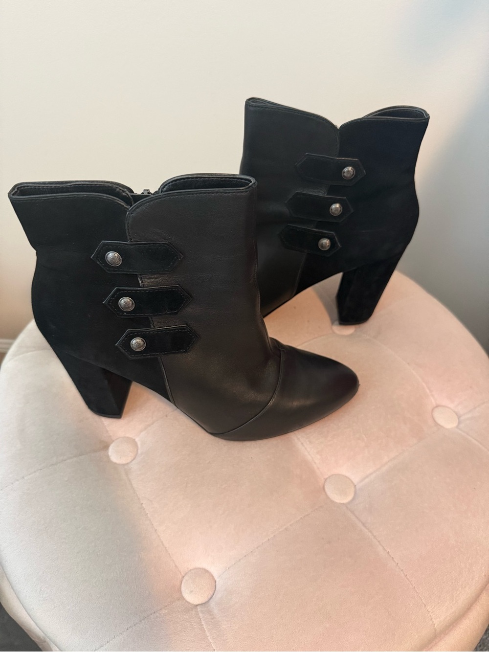 White House Black Market Black Leather & Suede Ankle Boots with Button Straps